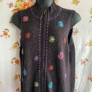 1X Wool Blend Coldwater Creek black zip-up sweater vest with colorful embroidery